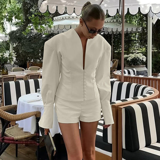 Elegant V-Neck Long Sleeve Top and Shorts Set