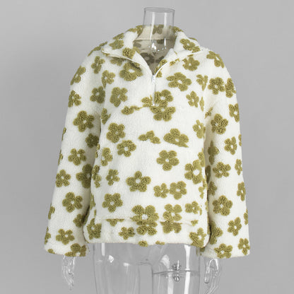 Floral Pattern Fleece Hoodie Casual Warm Sweatshirt