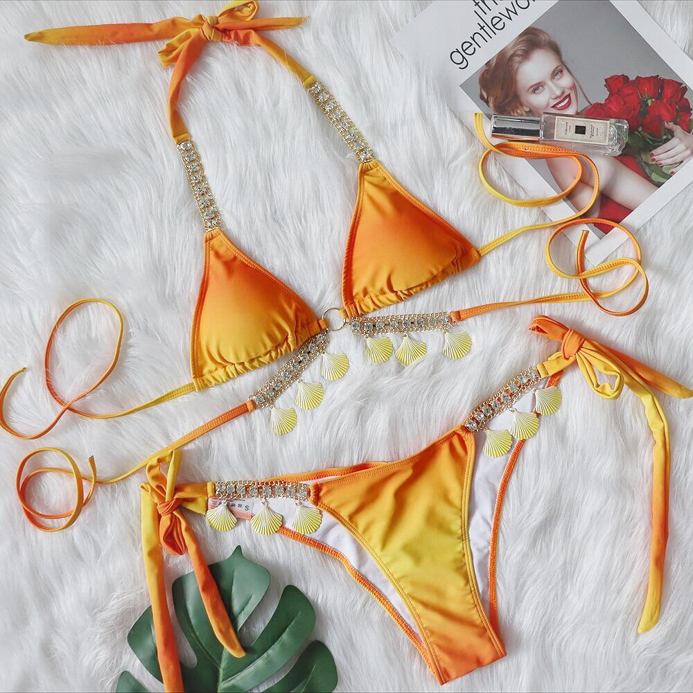Sexy Strap Gradient Print Women'S Split Swimsuit Luxury Crystal Diamond Bikini Shell Swimsuit