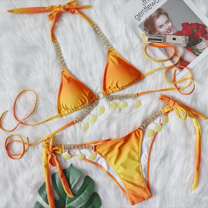 Sexy Strap Gradient Print Women'S Split Swimsuit Luxury Crystal Diamond Bikini Shell Swimsuit