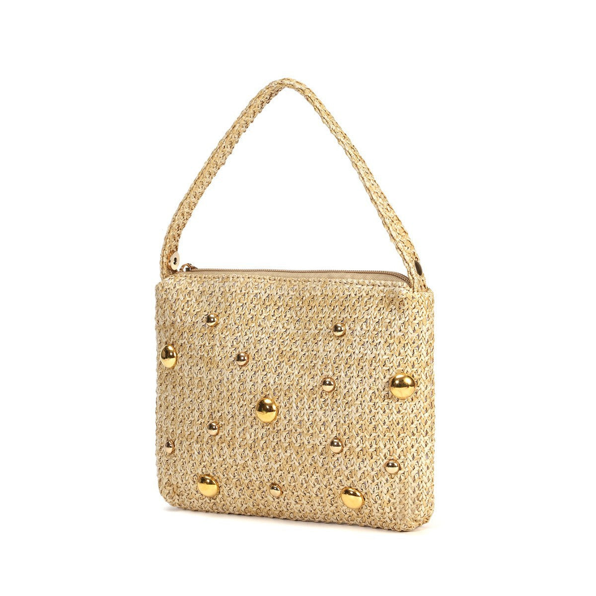 Trendy Rivet Bead Straw Evening Clutch Handbag