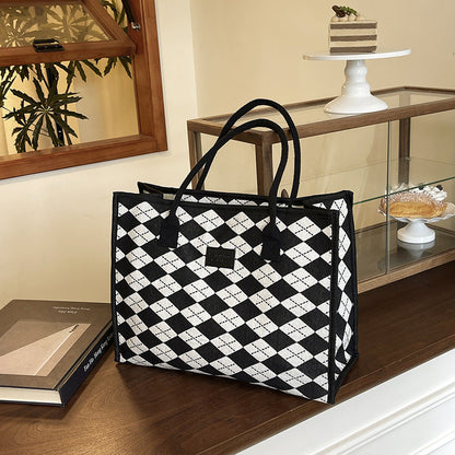 Large Houndstooth Woven Tote Bag Stylish Everyday Shoulder Bag