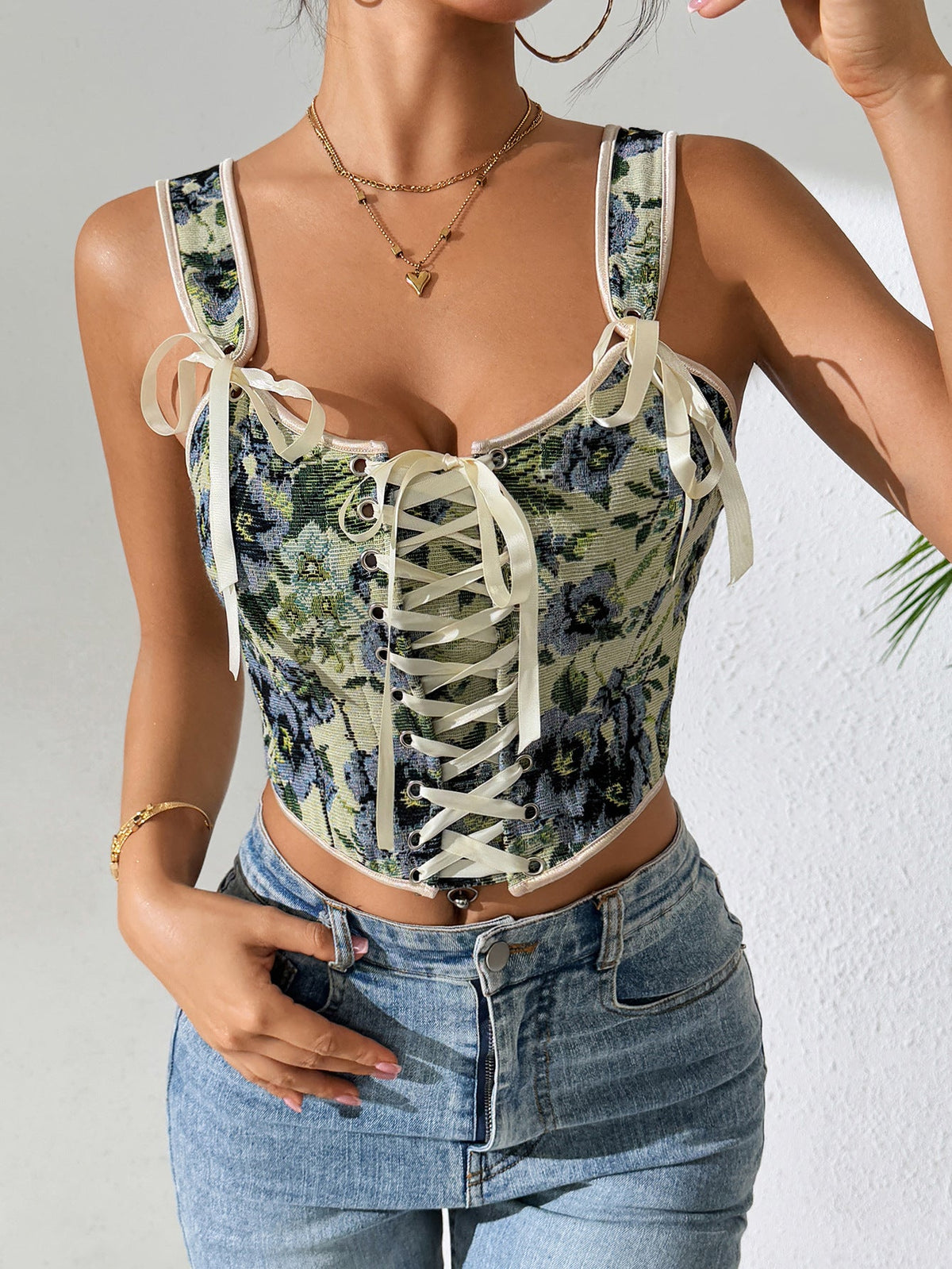 French Vintage Floral Tie-Back Sexy Tank Top