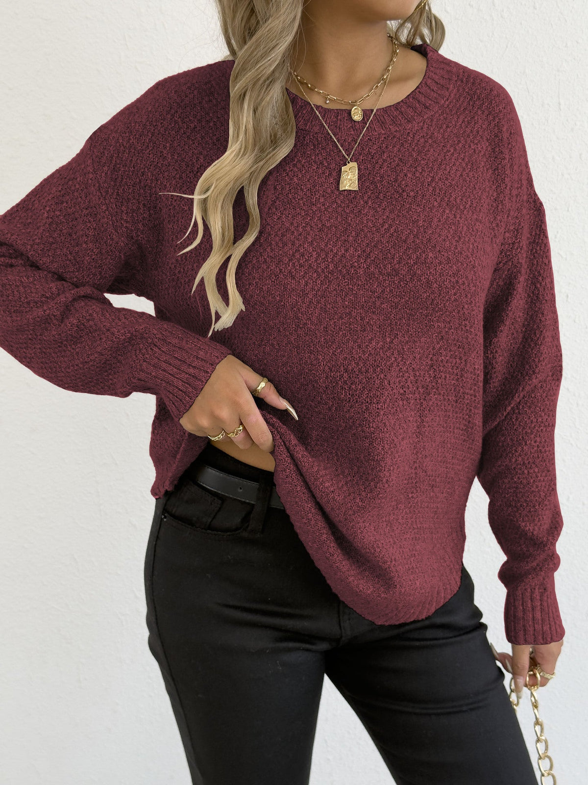 Women'S Casual Pullover Sweater Textured Fleece Round Neck