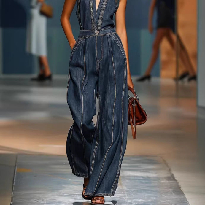 Dark Denim Halter Deep V Contrast Stitch High Waist Wide Leg Jumpsuit