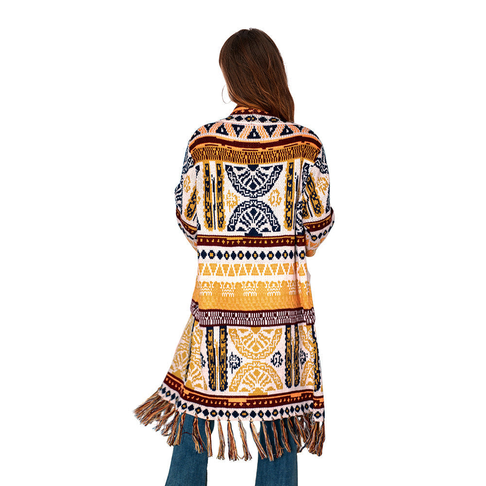 Ethnic Retro Tassel Cardigan Sweater Knitted Coat New Loose Long Sleeve Bohemian Style
