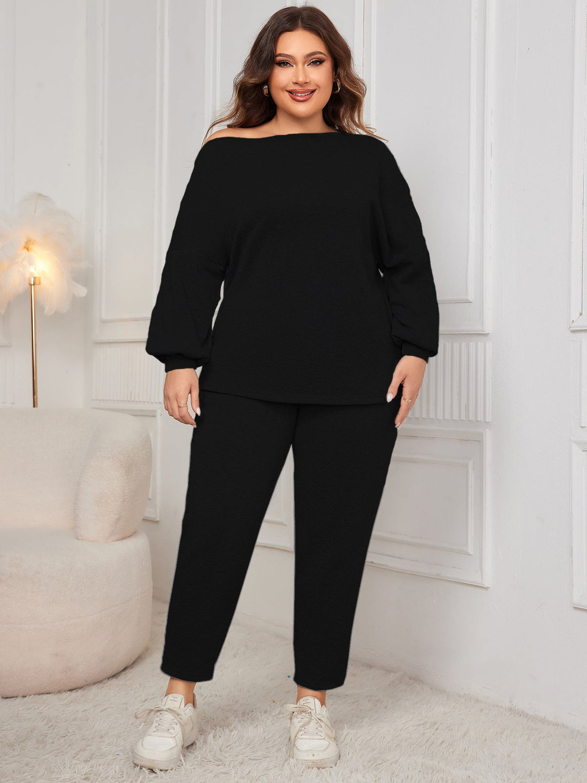Off-Shoulder Plus Size Loose Fit Pants Set