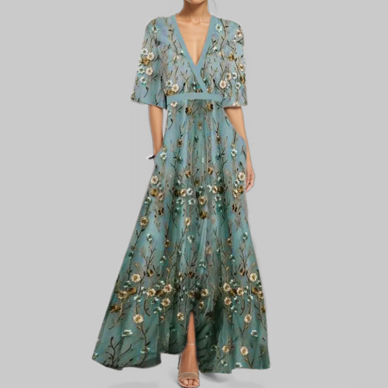 Elegant V-Neck Floral Print Midi Dress