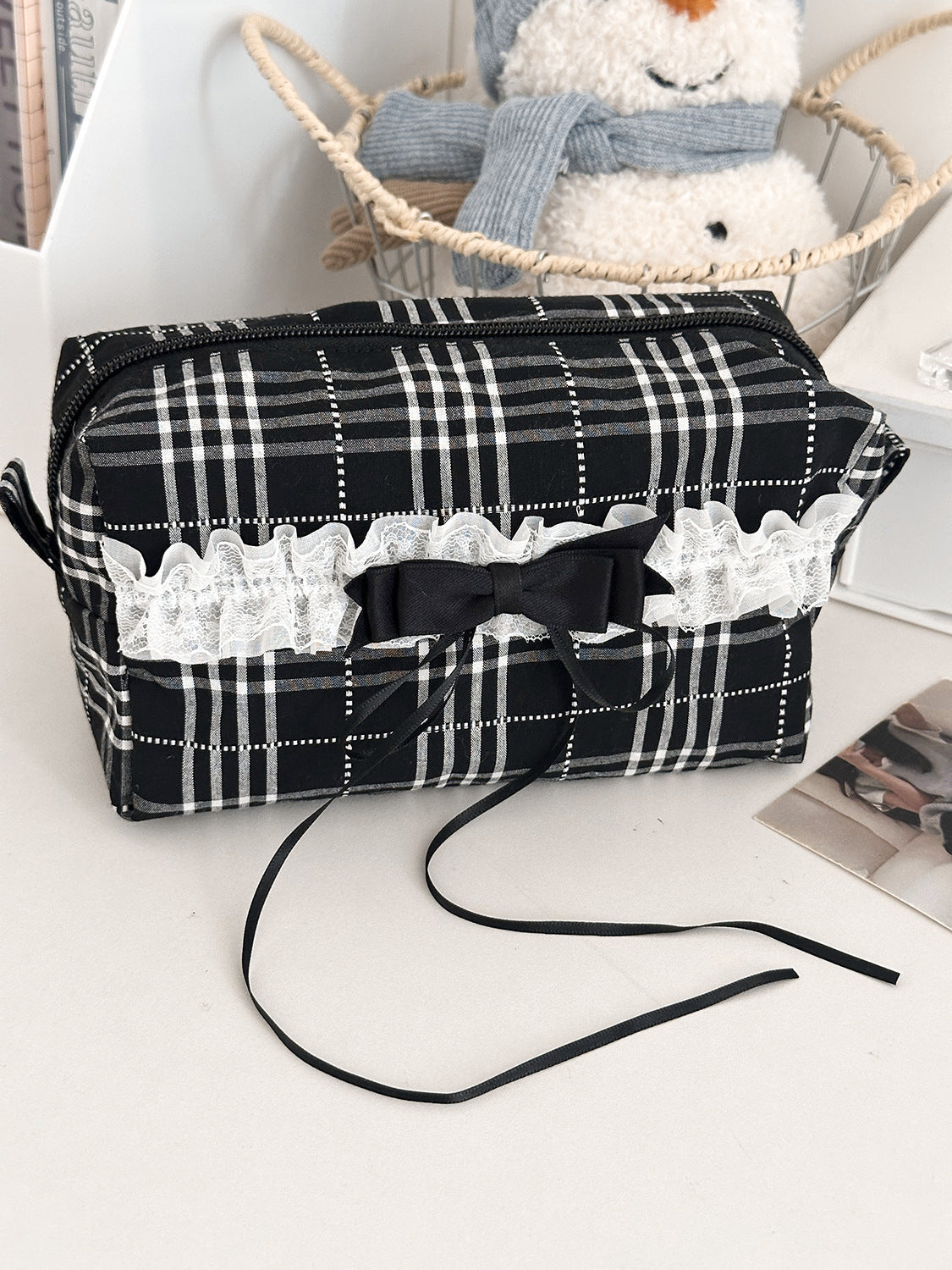 Black And White Plaid Storage Bag Stylish Lace Edges Makeup Organizer