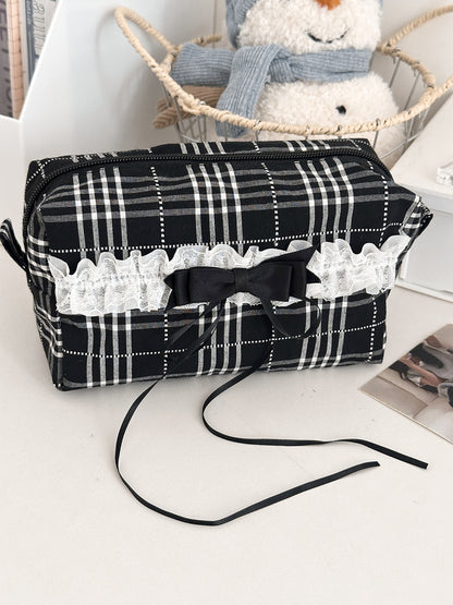 Black And White Plaid Storage Bag Stylish Lace Edges Makeup Organizer