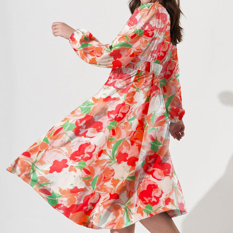 Bohemian Style New Spring And Autumn Deep V Print High Waisted Casual Long Sleeved Mid Length Dress