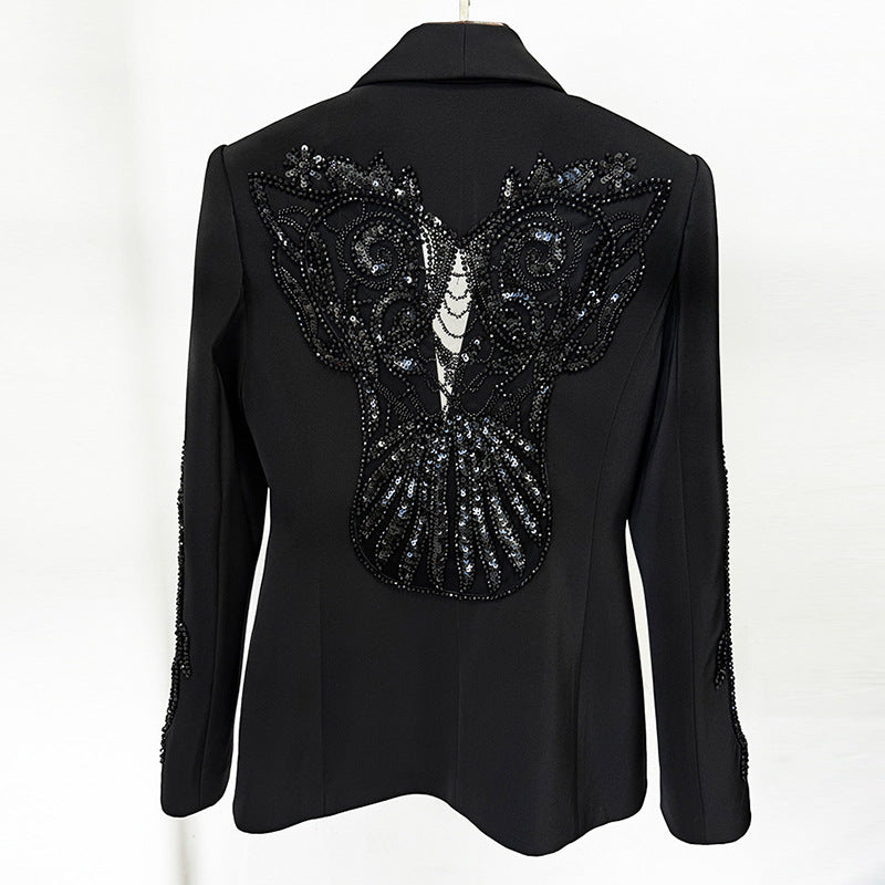 Fashionable Sheer Overlay Embellished Blazer & Chiffon Trousers Set