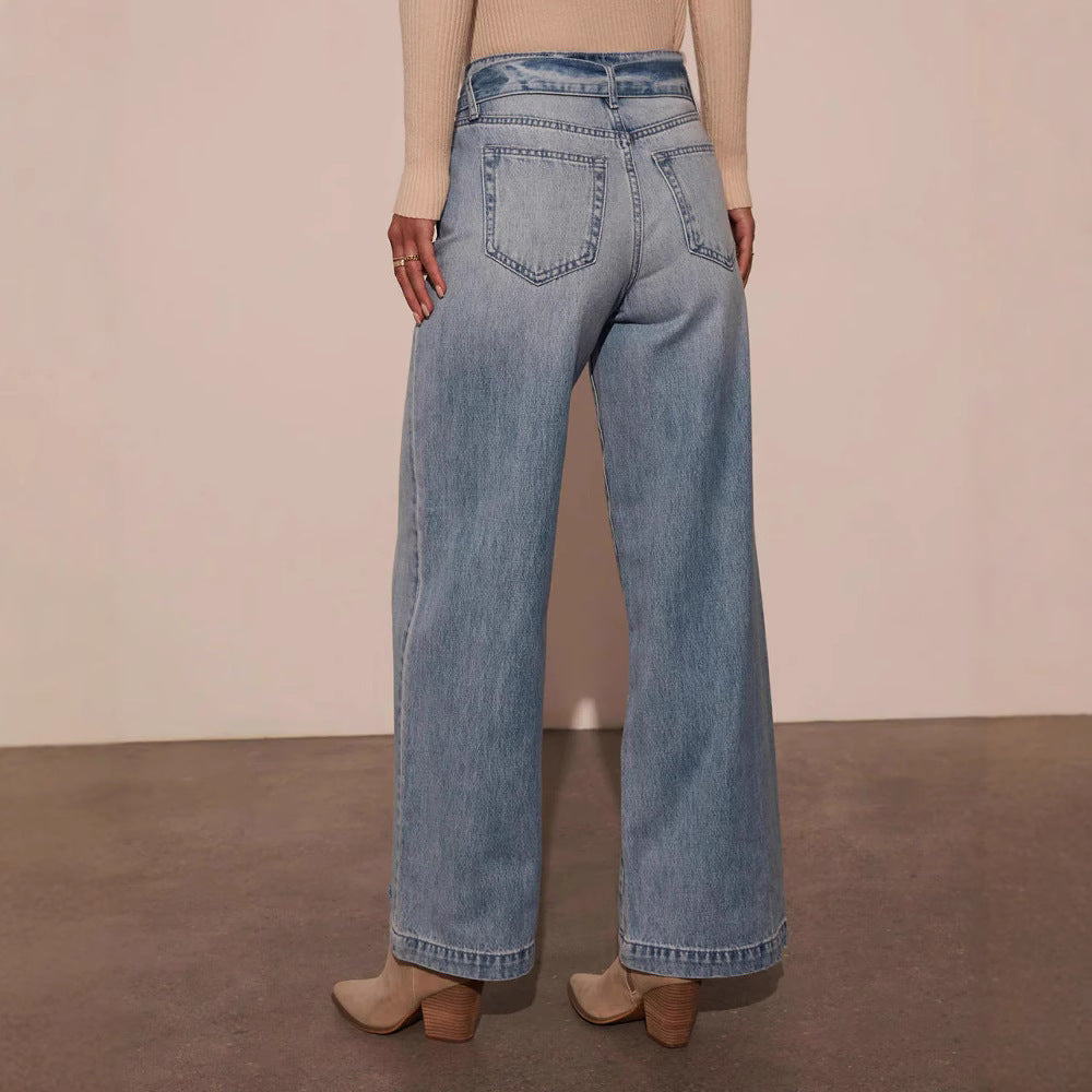 Elegant Tie Front High Waisted Straight Leg Jeans