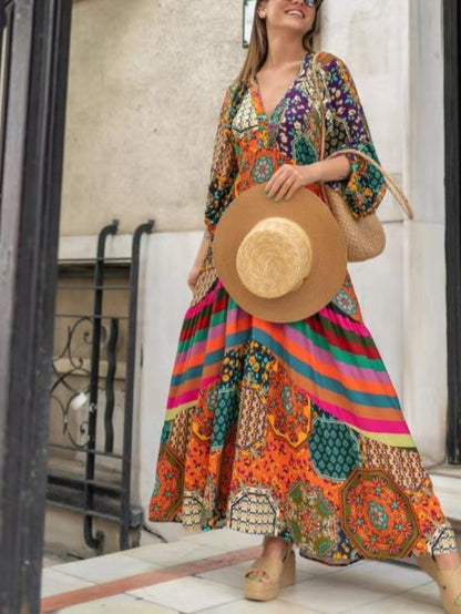 Positioning Printing Large Swing Super Long Ethnic Style Dress Women'S Pleated Summer New Temperament Long Skirt