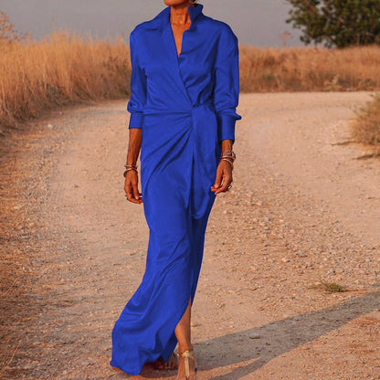 Women'S Tie-Up High-Rise Split Mop Dress With Long Sleeves And Lapels Sexy Dress