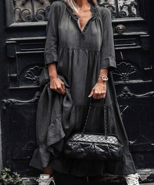New Washed Denim Large Swing Long Skirt With Medium And Long Sleeves