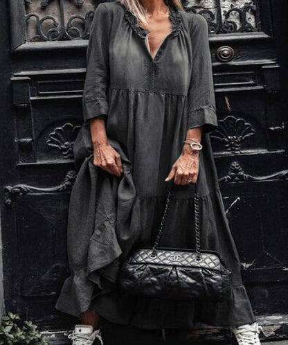 New Washed Denim Large Swing Long Skirt With Medium And Long Sleeves