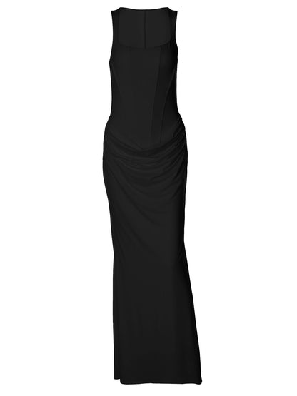 Elegant U-Neck Long Dress with Ruching