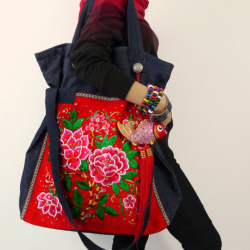Original Tibetan Style Ethnic Style Embroidery Bag Vintage High Capacity Travel Denim One Shoulder Large Bag Women'S Bag