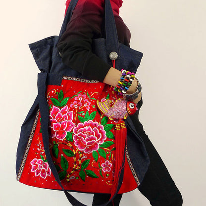 Original Tibetan Style Ethnic Style Embroidery Bag Vintage High Capacity Travel Denim One Shoulder Large Bag Women'S Bag