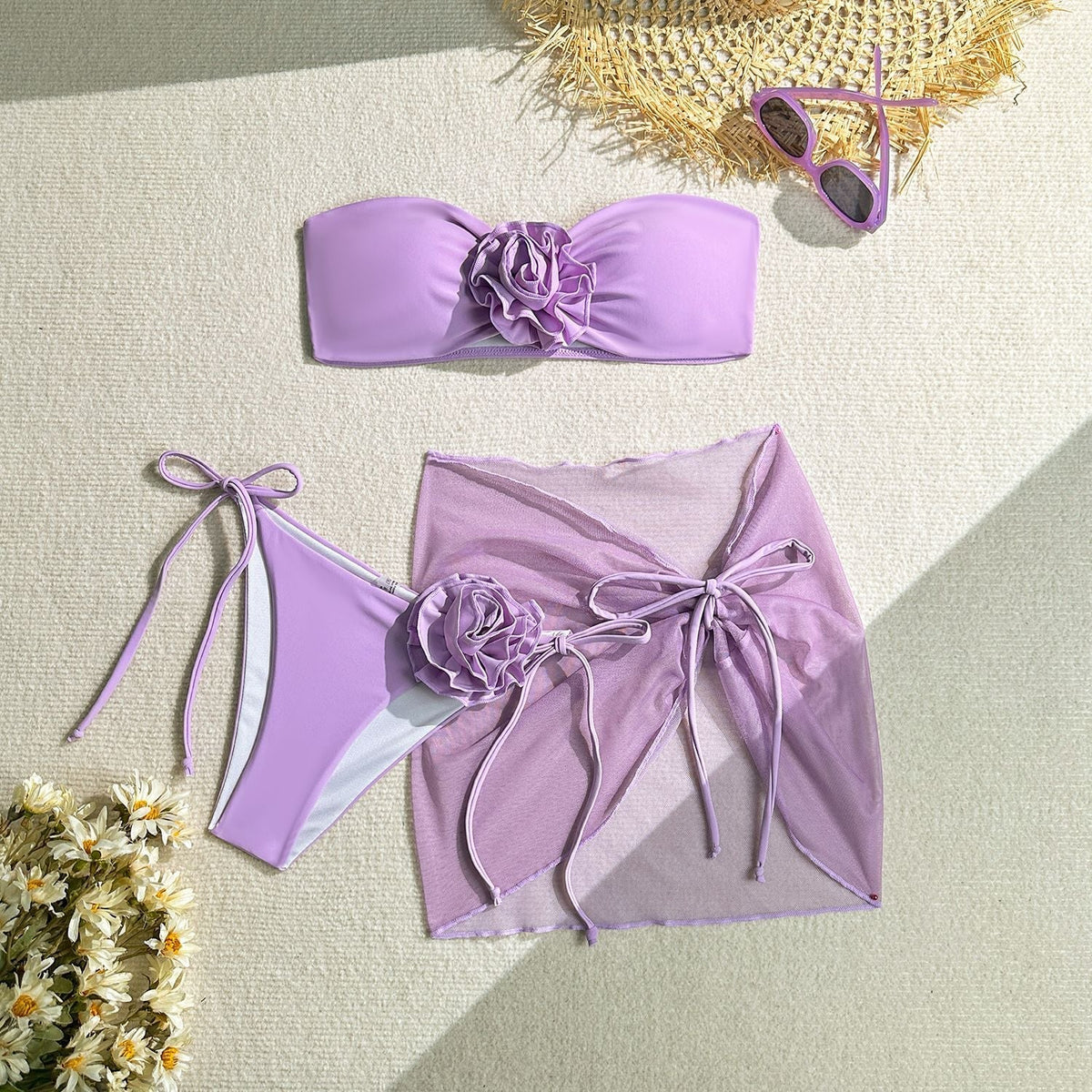 3-Piece Sexy 3D Floral Bandeau Bikini Set