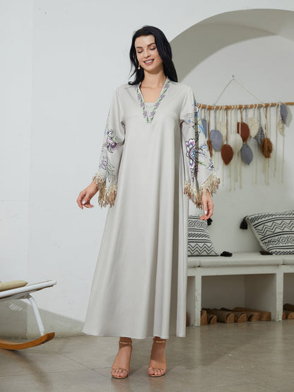 Arabic Printed Tassel Long Dress For Women