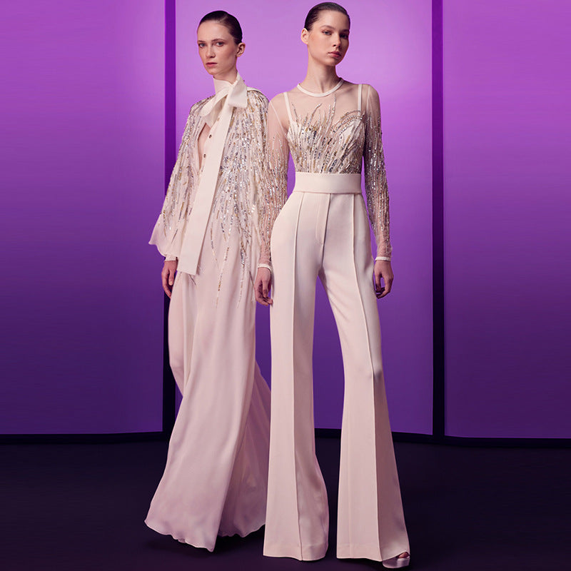 Sequin Jumpsuit with Sheer Overlay