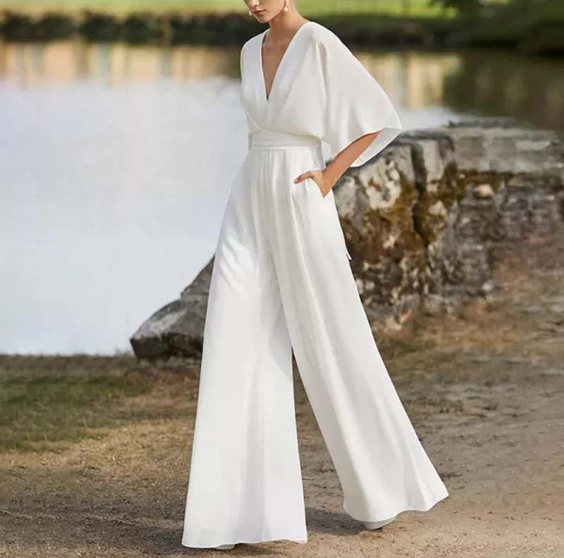 Trendy Solid Color Jumpsuit With Half Sleeves