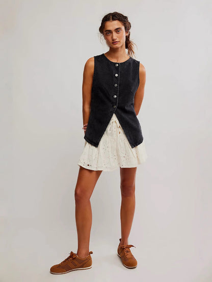 Trendy Casual Slim Fit Button Down Denim Sleeveless Top