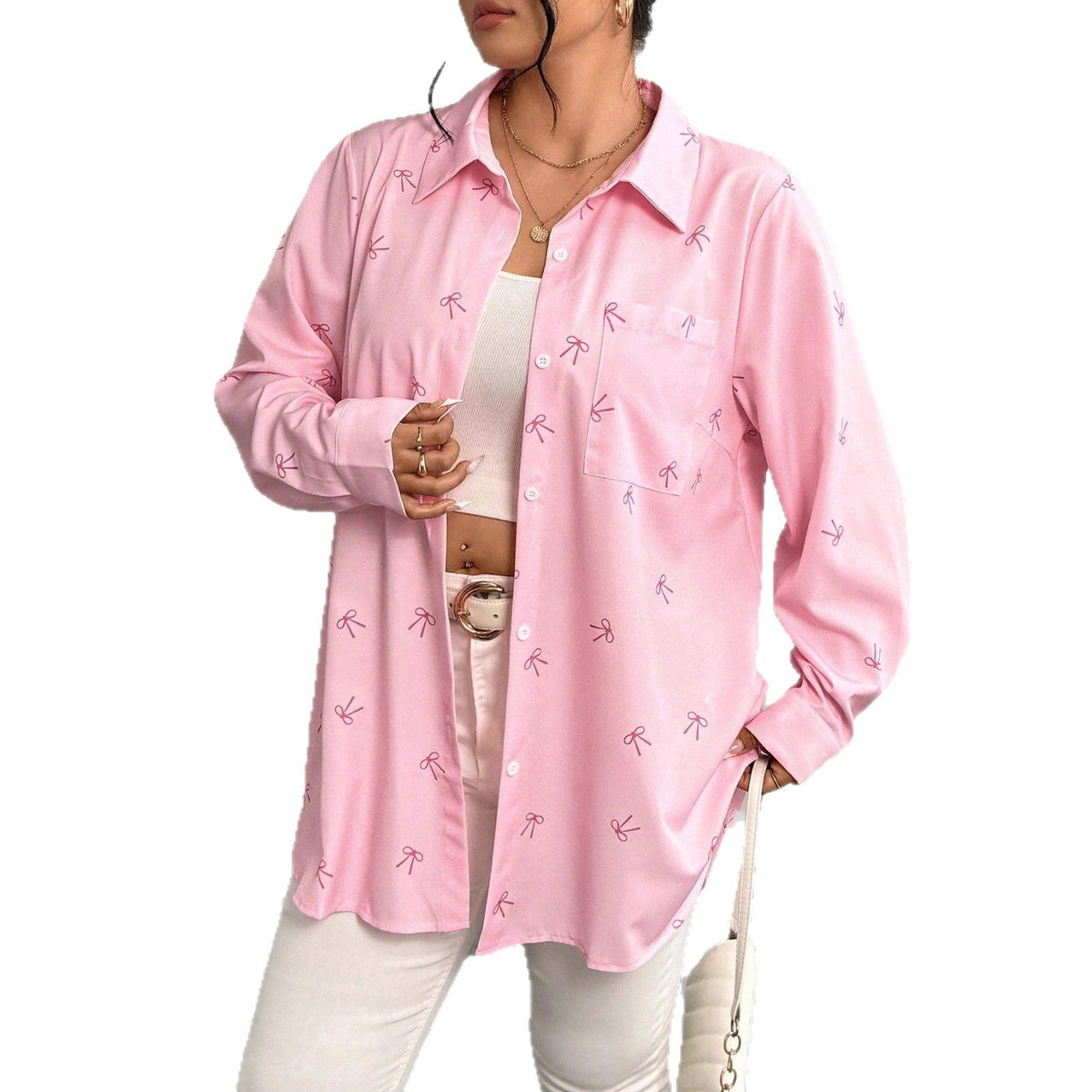 Plus Size Women'S Shirt Jacket With Bow Print Long Sleeves Casual Blouse
