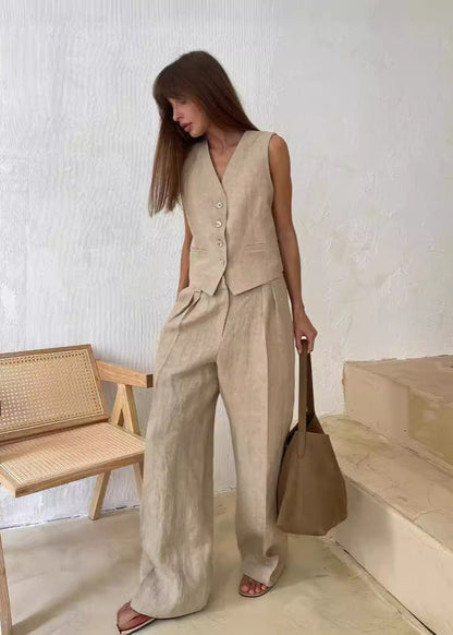 Linen Vest And Wide Leg Pants Set With Tailored Design