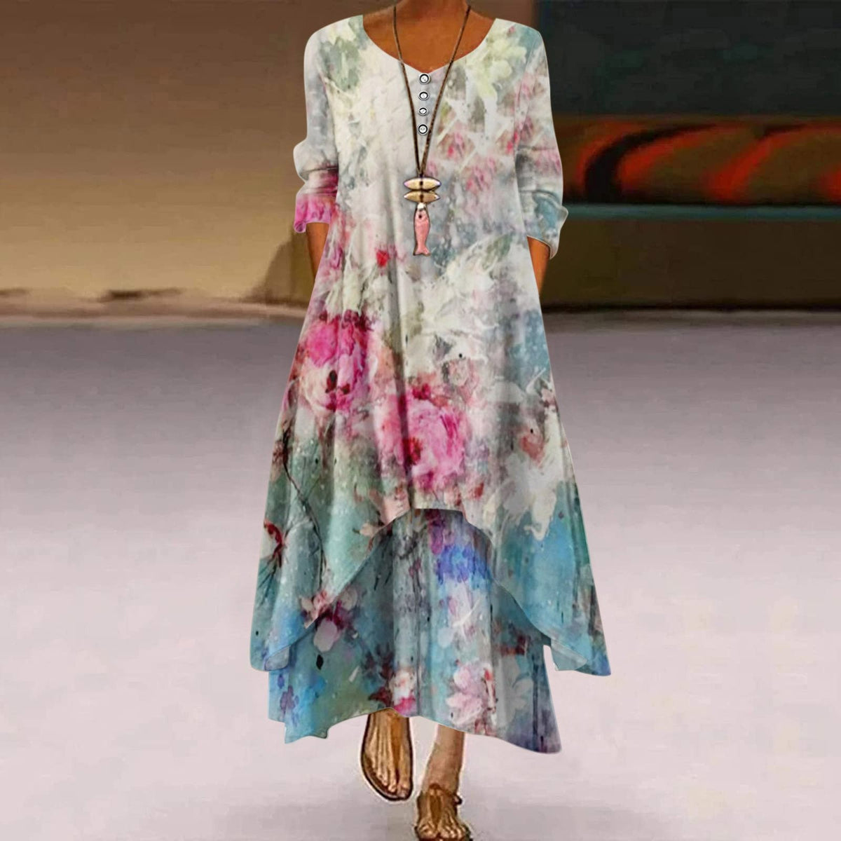 Women'S Pocket Hem Printed Round Neck Irregular Long Sleeve Dress