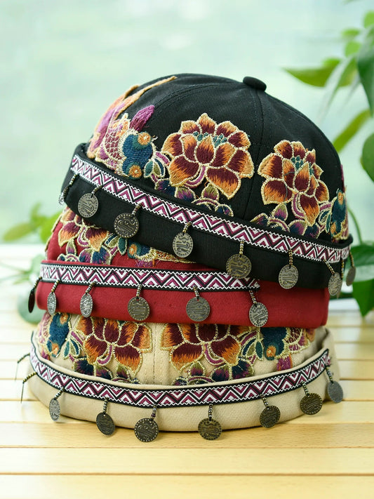 Ethnic Style Embroidery Fringed Hat Retro Personality Brimless Spring And Summer Yuppie Watermelon Hat Trendy Landlord Melon Fur Hat