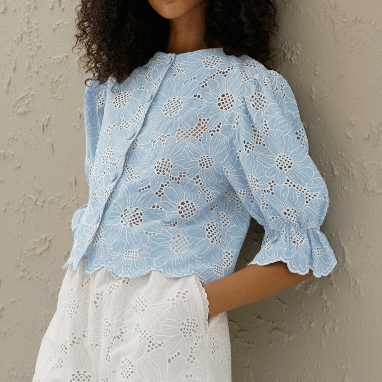 Embroidered Crop Top With Flared Sleeves
