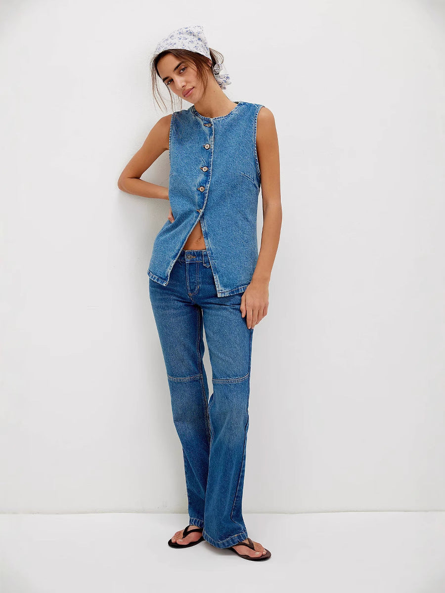Trendy Casual Slim Fit Button Down Denim Sleeveless Top