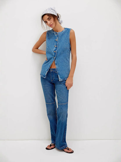 Trendy Casual Slim Fit Button Down Denim Sleeveless Top