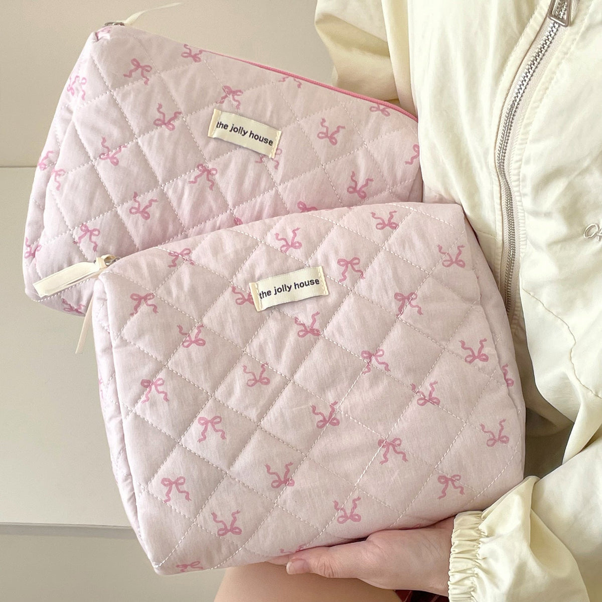 Pink Ribbon Bow Makeup Bag Quilted Pouch