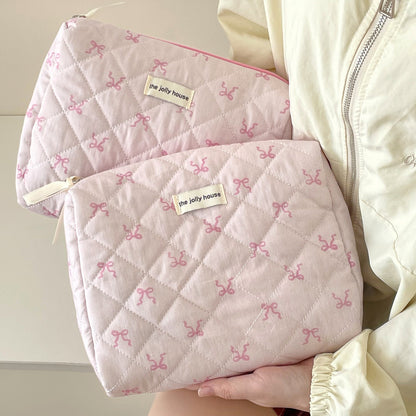Pink Ribbon Bow Makeup Bag Quilted Pouch