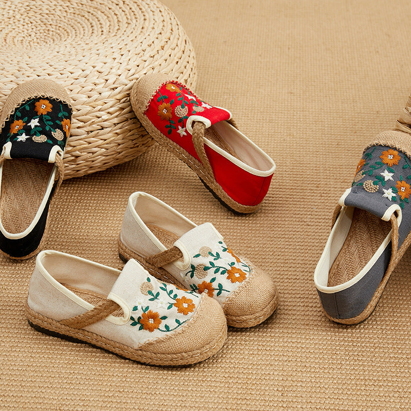 Spring Embroidered Shoes Flat-Heeled, Low-Cut Embroidered Shallow Shoes, Literary And Ethnic Style Women'S Shoes Linen Casual Shoes
