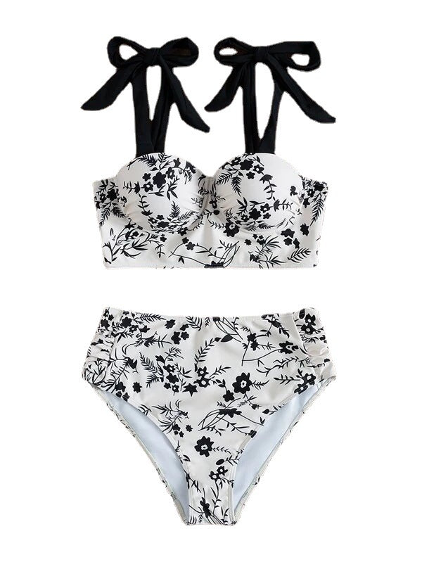 Lace Up Printing Split Bikini Swimwear Hard Cup With Steel Support High Waist Sexy Bikini Split Swimwear