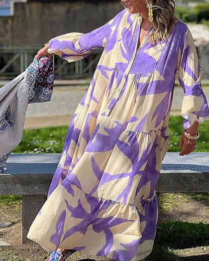 Autumn And Winter New V-Neck Flare Sleeve Large Print Dress Large Swing Loose Long Dress