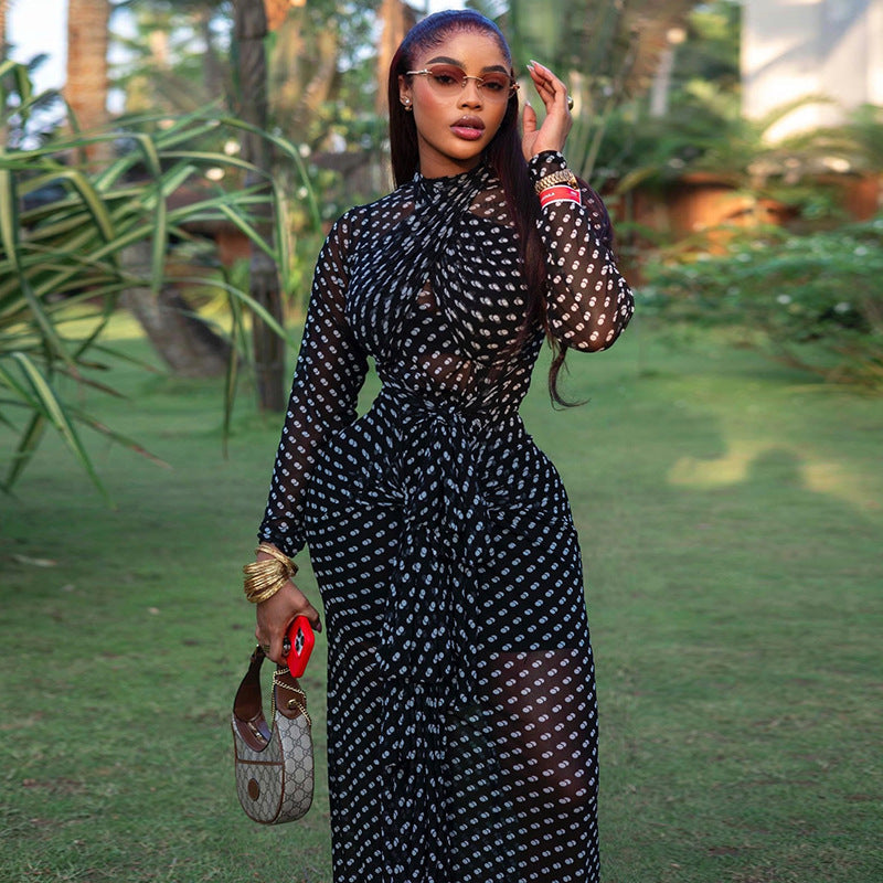 Trendy Polka Dot High Neck Long Sleeve Bodycon Dress