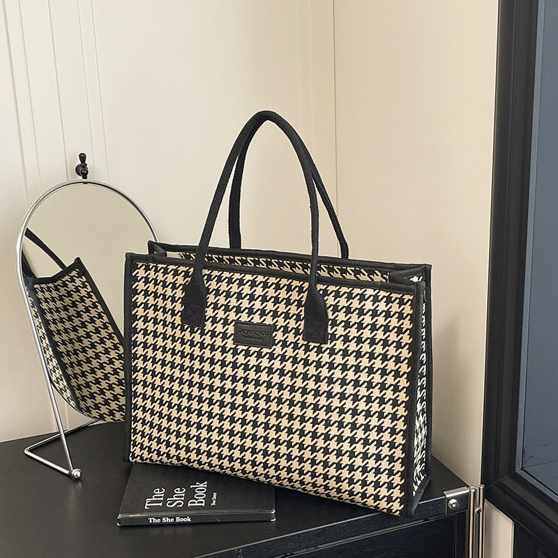 Large Houndstooth Woven Tote Bag Stylish Everyday Shoulder Bag