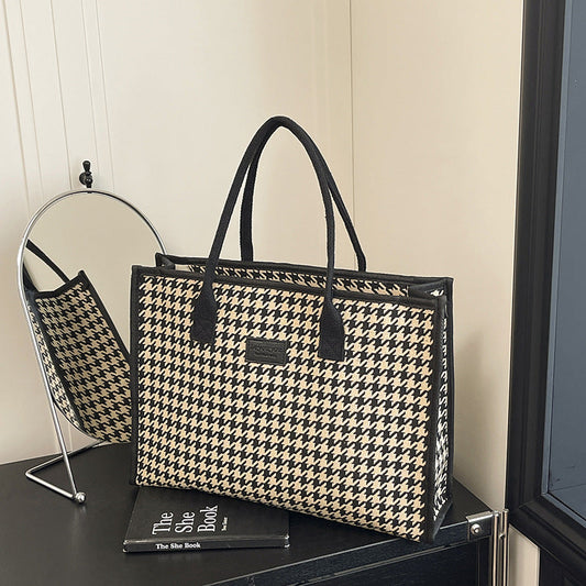 Large Houndstooth Woven Tote Bag Stylish Everyday Shoulder Bag