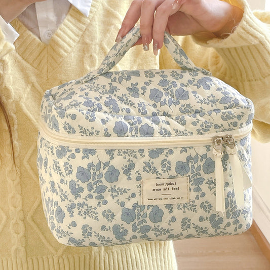 Blue Flower Cosmetic Bag Vintage Travel Toiletry Organizer
