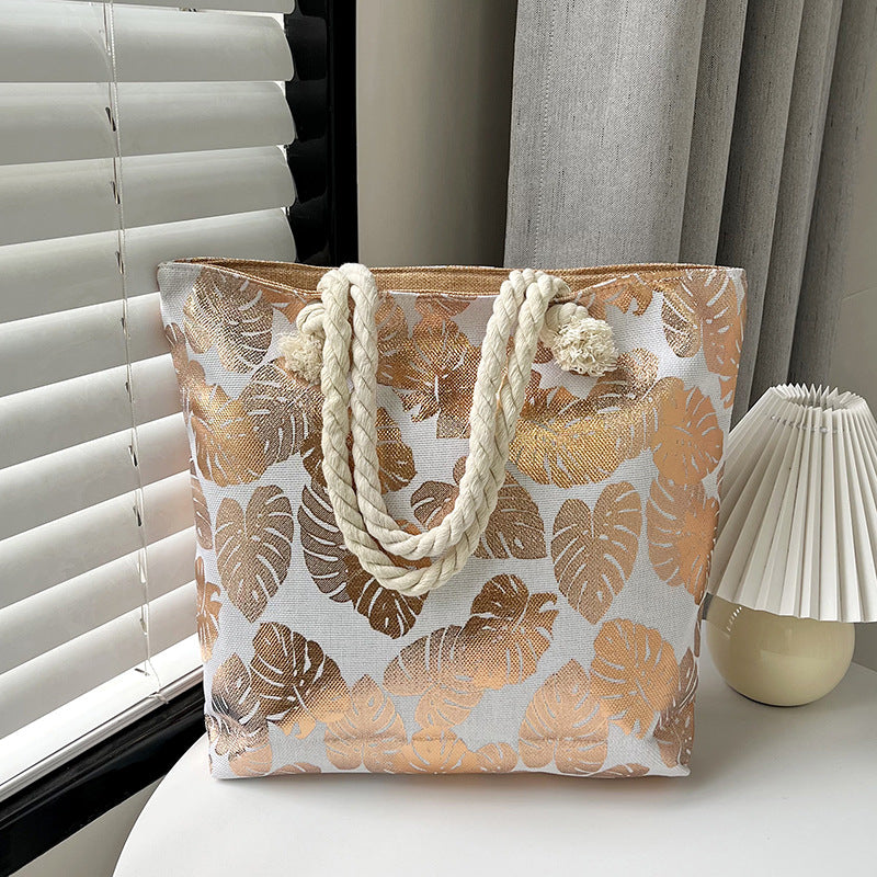 Large Capacity Linen Tote Bag with Dual-Sided Gold Foil Design