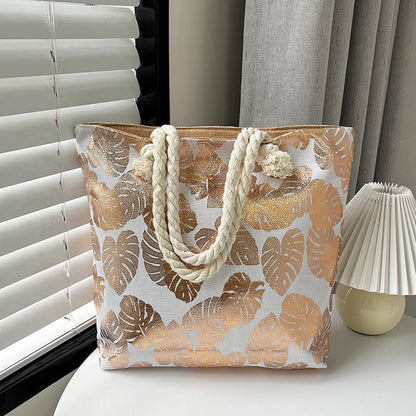 Large Capacity Linen Tote Bag with Dual-Sided Gold Foil Design