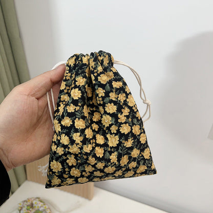 Mini Drawstring Corduroy Canvas Bag Portable Floral Storage Pouch