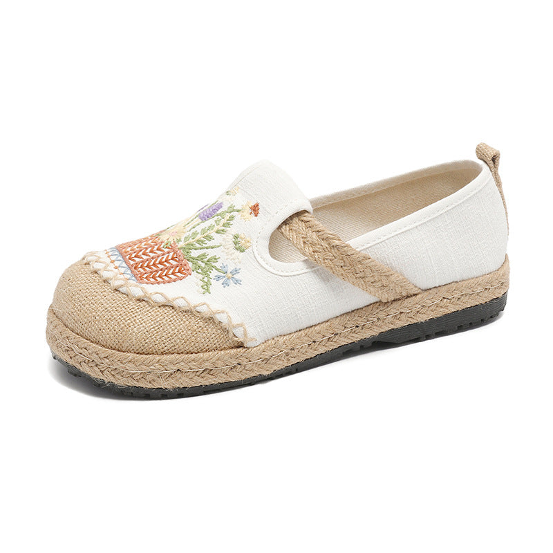 New Ethnic Style Embroidered Cloth Shoes Shallow Mouth One Pedal Low Top Old Beijing Cloth Shoes Woven Round Head Cloth Shoes Women