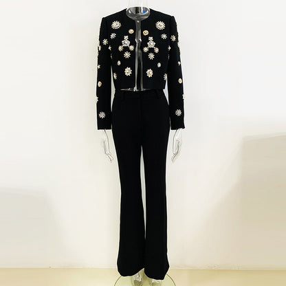 Fashionable Pearl Embellished Short Jacket & Flared Pants Set